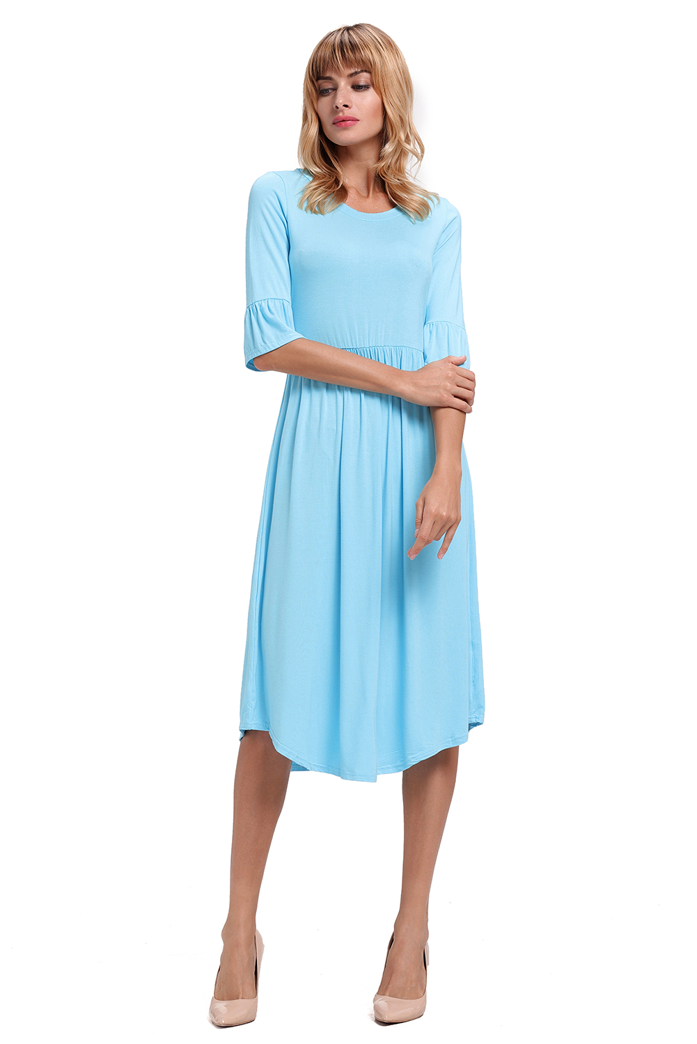 BY61652-5 Blue Ruffle Sleeve Midi Jersey Dress